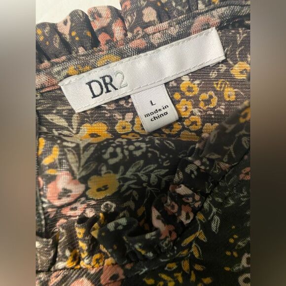 DR2 high neck brown micro floral print short sleeve blouse semi Sheer mesh L - Picture 6 of 9